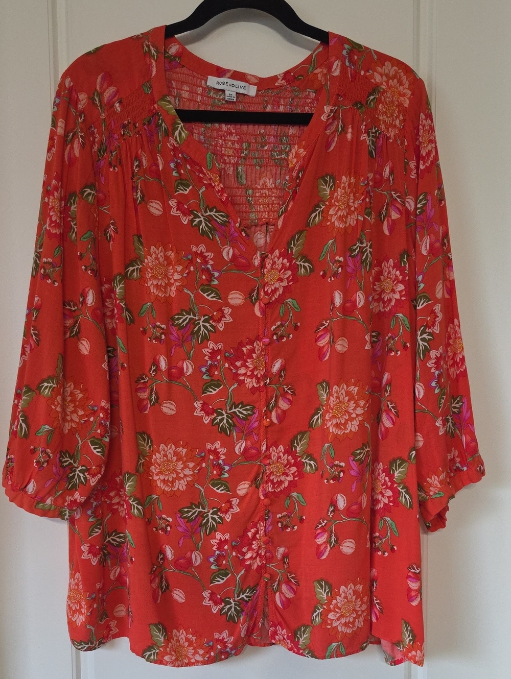 Rose & Olive Coral Floral Button-Front Peasant Blouse - 2X